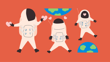 Romantic astronaut with hearts set. Design spaceman characters and Earth for Valentine's Day. Romantic collection.のイラスト素材
