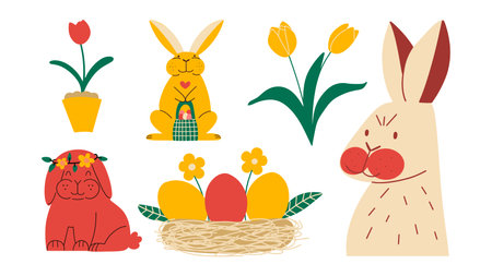 Happy Easter set. Spring collection. Funny bunny. Vector illustration in flat style.のイラスト素材