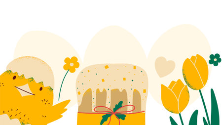 Happy Easter background. Spring banner with holiday food and funny Chick. Vector illustration in flat style.のイラスト素材