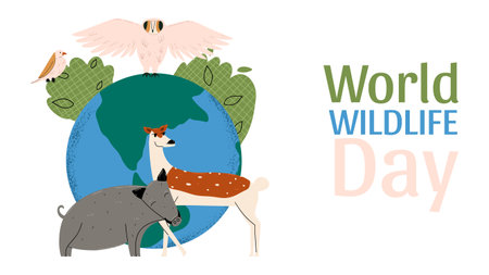 World Wildlife Day graphic modern background. Benner with wild animals. Conceptual biodiversity poster. Vector illustration in flat style.のイラスト素材