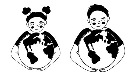 Children hug the planet. Illustrations for Earth Day. Creative black and white pictures with characters. Environmental concept. Vector in hand draw style.のイラスト素材