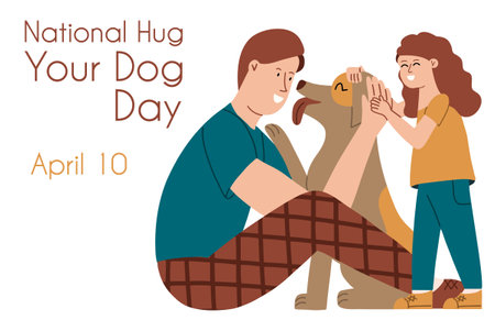 National Hug Your Dog Day background. Holiday Poster with family with lovely pet. Vector illustration.のイラスト素材