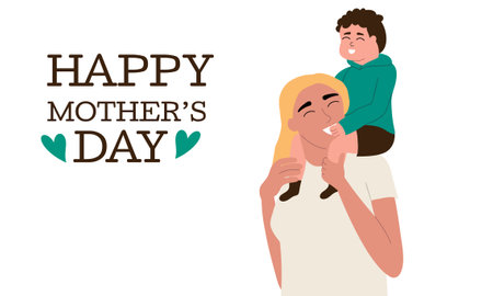 Mother's Day vector background, template. The little son sits on his mother's neck and laughs.のイラスト素材