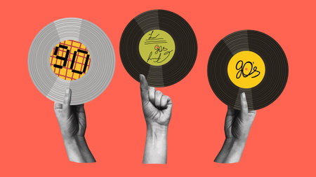 Hands holding vintage vinyl records. Retro pop art illustration with halftone effect.