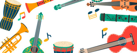 Frame with colorful musical diversity instruments objects. Musical event poster with copy space for text. Vectorのイラスト素材