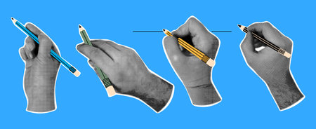 Different school pencil set. Pencil with Rubber eraser. Retro collage with halftone effect.