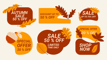 Autumn sale badges set. Fall discount collections labels with different leaves and acorn. Seasonal promotional sale design elements.のイラスト素材