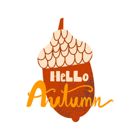 Handwritten fall slogan Hello Autumn with acorn. Vector hand-drawn element.のイラスト素材