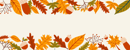 Autumn frame with different colorful leaves. Fall season border with space text. Vector illustration.のイラスト素材