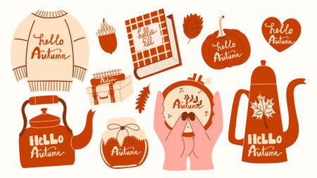Hello Autumn slogan handwritten set. Different vector hand-drawn seasonal cozy and cute elements. Autumn lettering sticker pack.のイラスト素材