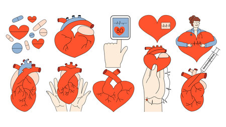 Large cardiological set. Heart, pulse oximeter, cardiologist, pills. Vector illustration in hand drawn styleのイラスト素材