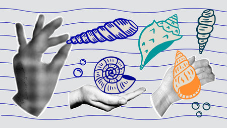 Retro collage with halftone hands, sea and ocean shells in hand-drawn style.