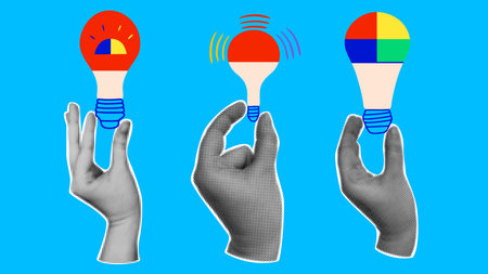 Contemporary art collage with LED lights. Halftone hands holding light bulbs.