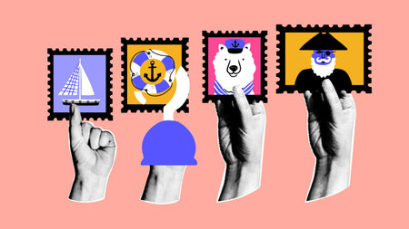 Hands hold retro postage stamps with hand-drawn nautical elements, sailboat, life preserver ring, sailor dog, pirate captain. The set of elements is collage style.