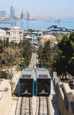Baku, Azerbaijan - April 09, 2017. The passenger cable car to transport people in the highland Park city.のeditorial素材