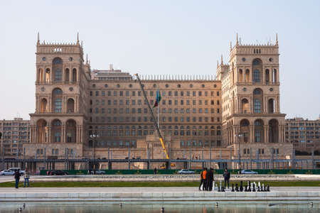 March 15, 2017 Liberty square, Baku, Azerbaijan. The construction of the terminal for the competition of the Formula 1 at the government houseのeditorial素材