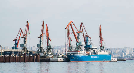 Trade port, Baku, Azerbaijan-January 30, 2018. Sea shipping of Bakuのeditorial素材
