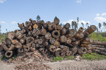 Sanitary felling of trees infected with eight teeth-typographus (IPS typographus). Moscow oblast. Russia.の写真素材