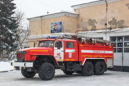 Vostochny District, Moscow, Russia - January 21, 2021. Fire truck Ural 4320 on the city street at the fire station in the snow. Special vehicle for fire fighting.のeditorial素材