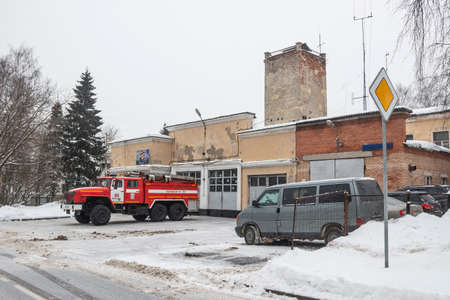 Vostochny District, Moscow, Russia - January 21, 2021. Fire truck Ural 4320 on the city street at the fire station in the snow. Special vehicle for fire fighting.のeditorial素材
