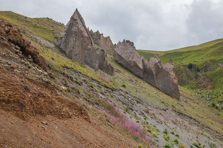 High, beautiful mountains in the Elbrus region. Beautiful mountain landscape in Kabardino-Balkaria, Russiaの写真素材