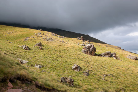 High, beautiful mountains in the Elbrus region. Unusual landscape and fantastic scenery. Beautiful mountain landscape in Kabardino-Balkaria, Russiaの写真素材