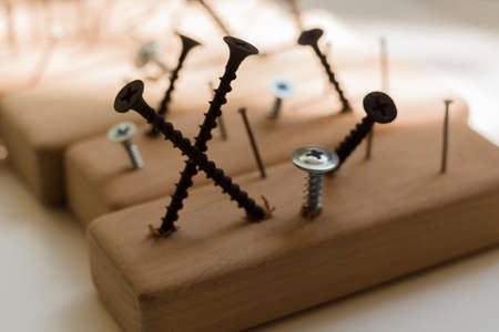 Learn the work with a screwdriver. Teaching to use tools. Conceptual photo. Learning to use screwdriver and a hammer. Many screws and pins.の写真素材