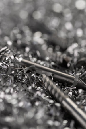 Macro of engineering solid precise carbide milling tools for CNC on metal shavings. Beatiful blurred background.の写真素材