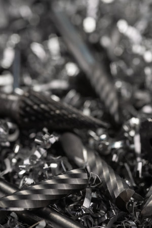 Close up of engineering solid precise carbide milling tools for CNC on metal shavings. Beatiful...