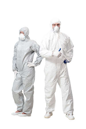 man and woman vkombenizone bio hazard materials man isolated on white background.の写真素材