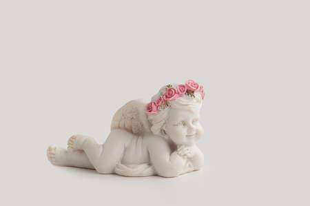Little Sleeping Angel on white background, black andの写真素材