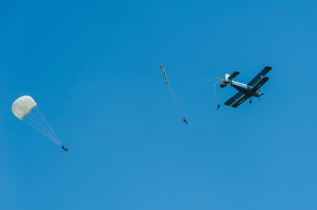 skydiving with biplane aircraft flying club instructorの写真素材