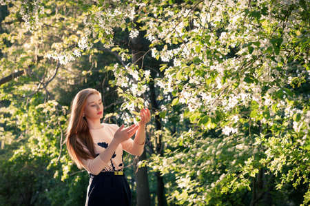 A girl in the garden, holding a branch with apple blossoms in her hands. In the apple orchard Spring...