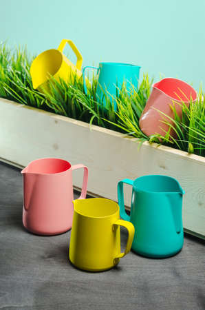 pitchers for baristas different colors.の写真素材