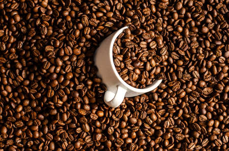 coffee beans background with white cup, copy spaceの写真素材