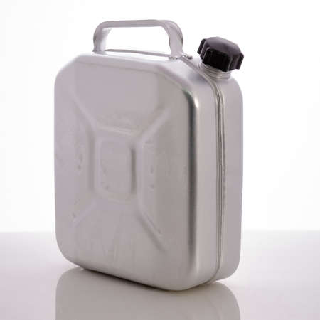 Aluminum can for gasoline isolated on white backgroundの写真素材