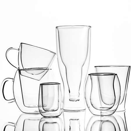 Glasses and cups with double walls, on a white background. Isolatedの写真素材