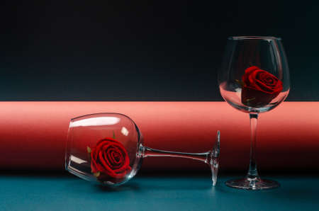 inflorescence rose bud in clear wine glassesの写真素材