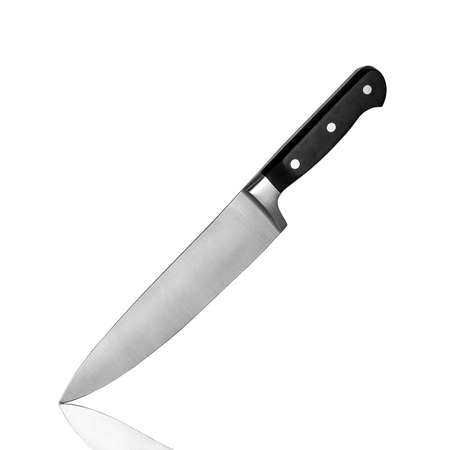 Stainless steel chefs knife with plastic handle isolated on whiteの写真素材