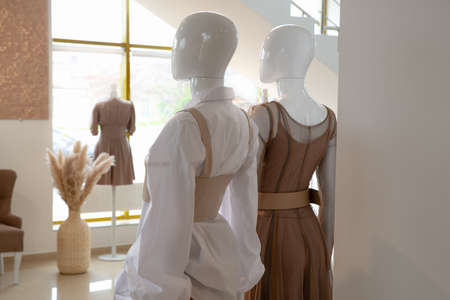 Female mannequins showcase a stylish collection of clothing. Fashion and style store. Copyspace.の写真素材