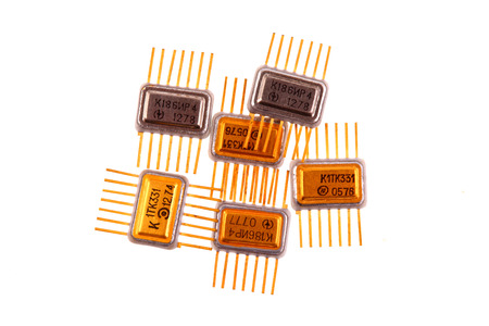 Processor chip, transistors, diodes, resistors, capacitors, located on the motherboard