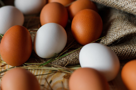 Fresh, raw eggs lie on the grass. Against the background of a tree. Texture of burlap. Organic background. Healthy eating. Easter compositionの写真素材