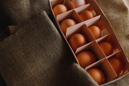 Fresh, raw eggs lie on the grass. Against the background of a tree. Texture of burlap. Organic background. Healthy eating. Easter compositionの写真素材