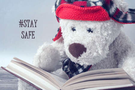 A white Teddy bear in a red hat is reading a book. The label on the left is "stay safe".の写真素材