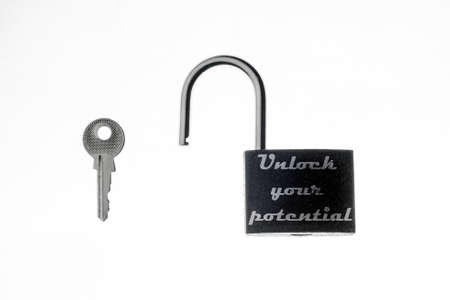 Motivational concept, concept of success, development. On a white background, an open black lock,...