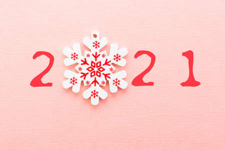 New year's banner, postcard. Numbers 2021. Instead of the number 0, there is a snowflake