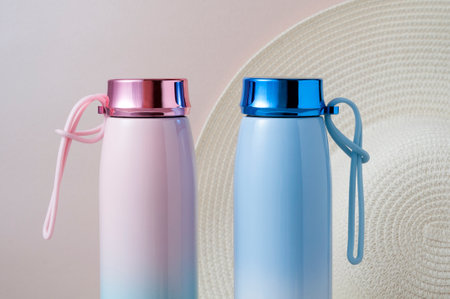 Two flasks with pink and blue lids on a pastel beige background. In the background is a large white...