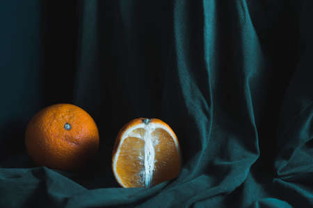 Two ripe oranges in the folds of a green cloth. One orange is cut in half. The concept of proper...