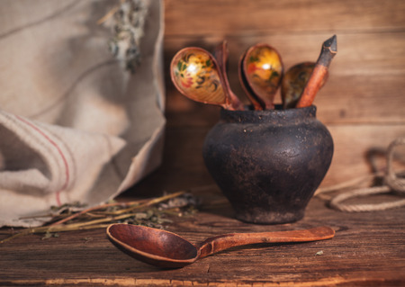 Rural still life with traditional Ukrainian spoons on wooden backgroundの写真素材