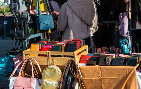 Street sale, various bags, purses and walletsの写真素材